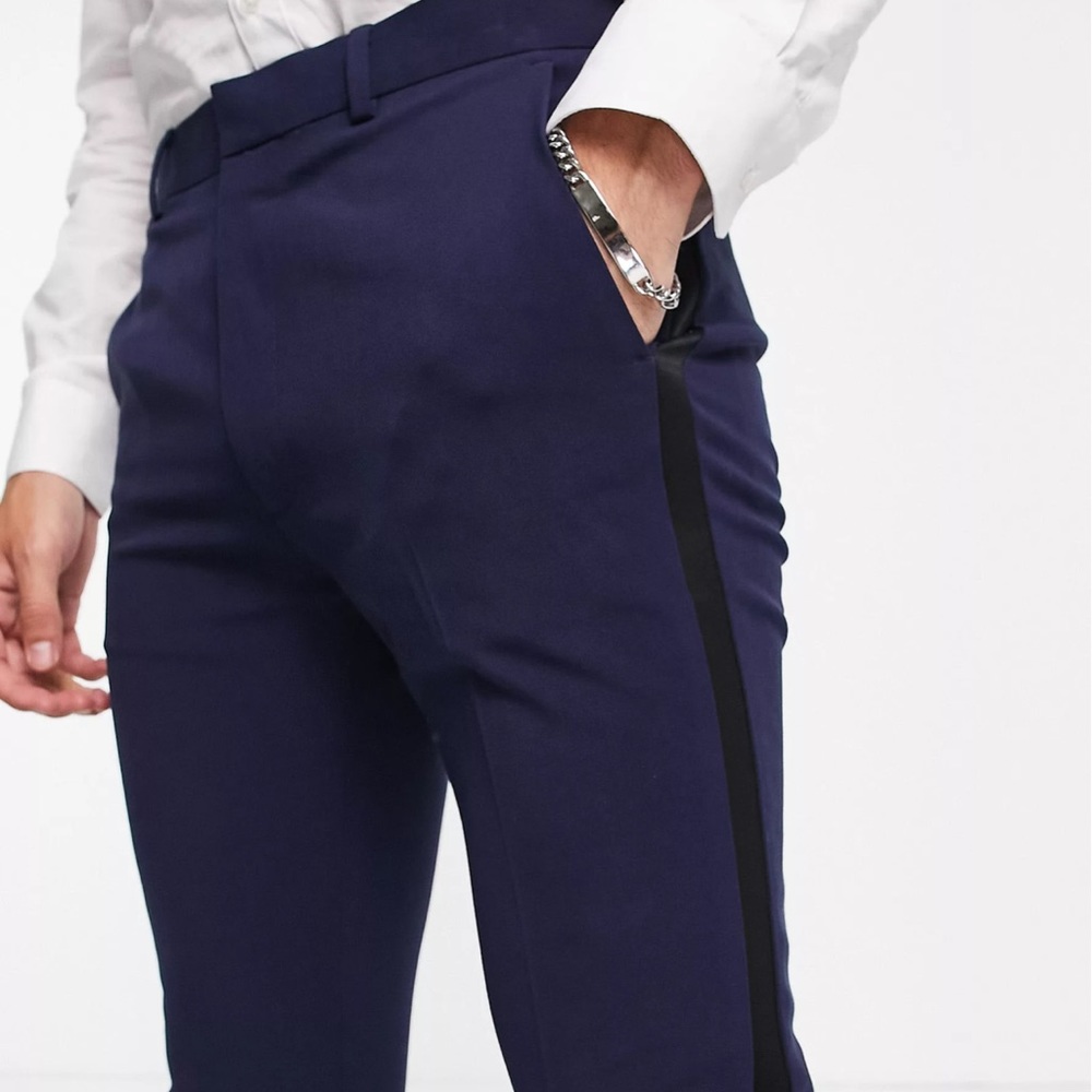 ASOS MENS Tuxedo Pants Navy Skinny Suit Pants Black Satin Stripe SZ 33/30 NWT